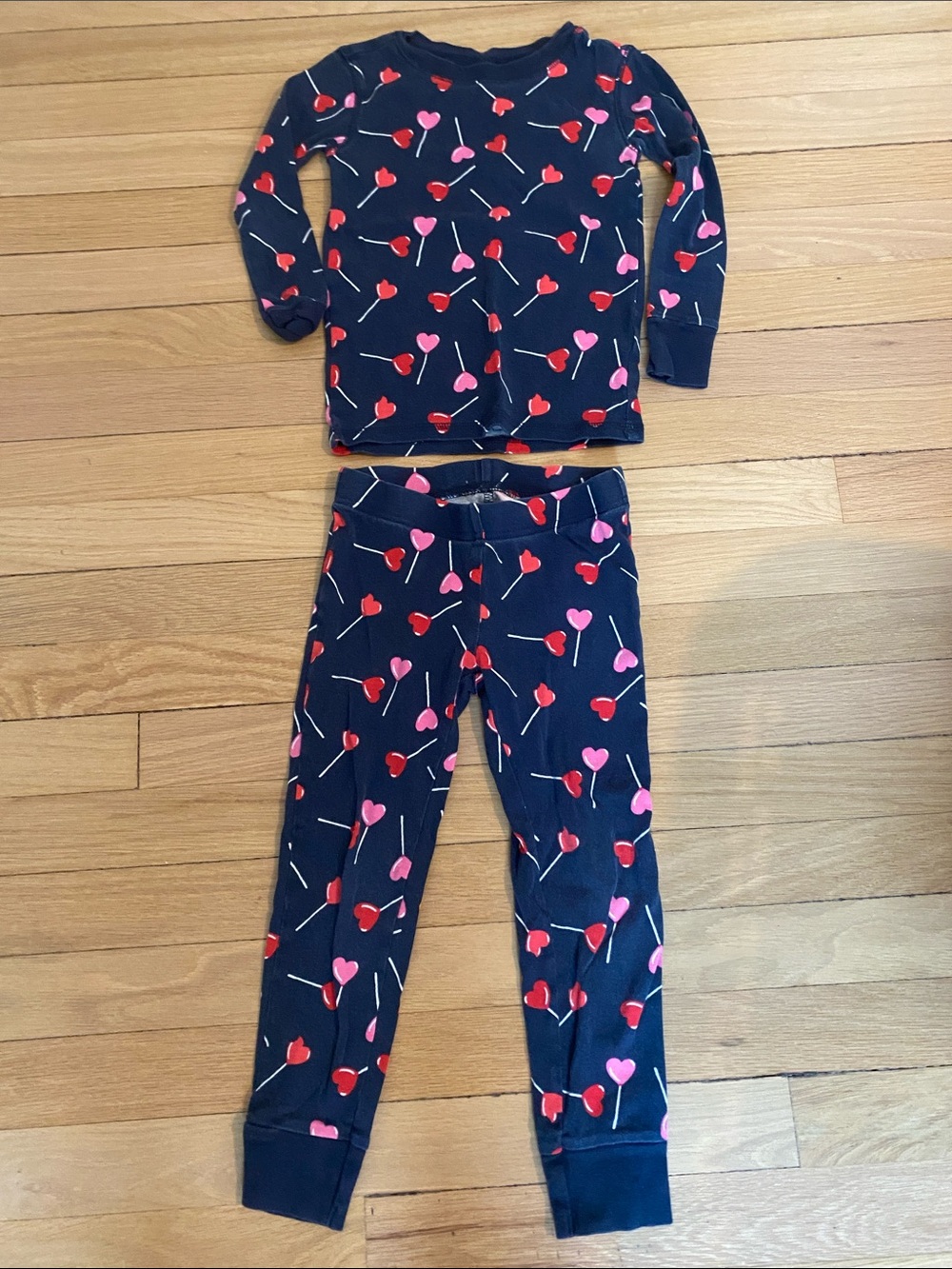 Old Navy Navy Pajama Set with Pink & Red Heart Lollipops
